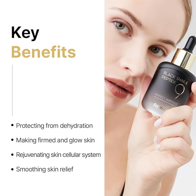 Farmstay Black Snail & Peptide9 Perfect Ampoule, Korean Snail Mucin Serum for Elastic & Glow Skin, Boosting Radiance & Repairing Skin Barrier Serum, for Women & Men, Korean Skin Care, 1.18 Fl. Oz.