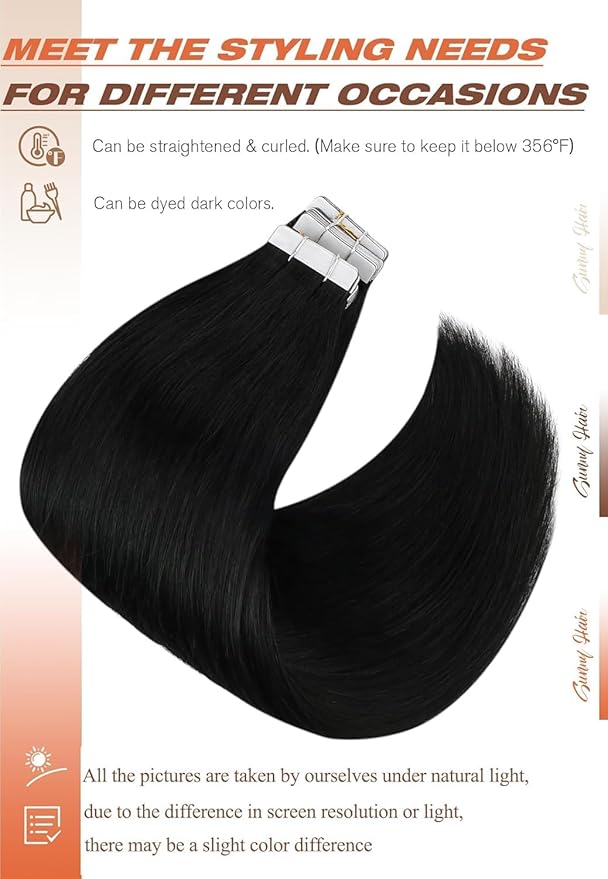 Sunny Hair Tape in Hair Extensions Human Hair 20inch Hair Extensions Real Human Hair Tape in Extensions for Women Jet Black Invisible Remy Hair Natural Straight Skin Weft Double Sided Tapes 20Pcs 50g