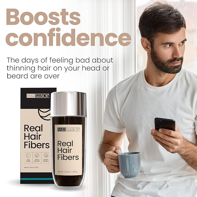 Hair Illusion Dark Brown Real Hair Fibers for Thinning Hair - 100% Natural Texture, Non Synthetic Hair Fibers - Bald Spot Cover Up for Women & Men - 38 Gram
