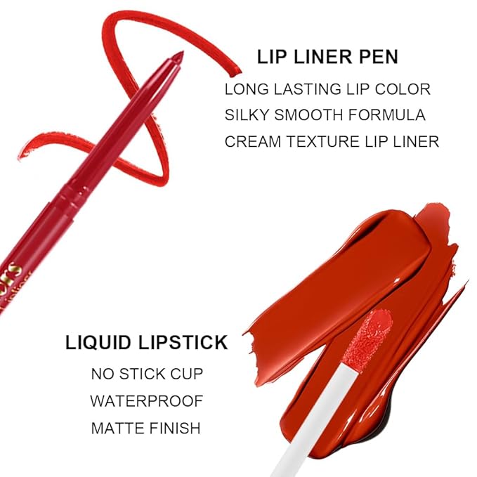 6 Colors Liquid Lipstick + Lip Liner Pen Makeup Set, Super Stay Matte Finish Lip Stain and Define Lip Liner Pencil Gift Set for Women, Longwear, Waterproof, 1PC Lip Glow Oil Include