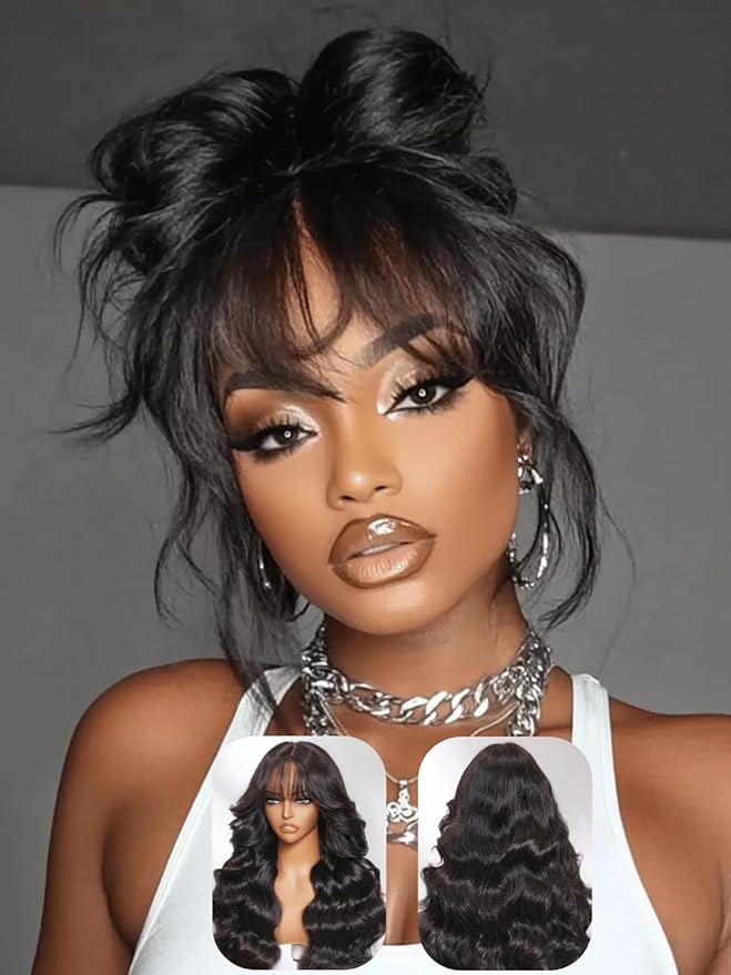 Julia Hair Bye Bye Knots Curtain Bangs Wig Glueless Fluffy Natural Loose Wave Pre Cut 7x5 HD Lace Front Wigs Invisible Pre Plucked Pre Everything Body Wave Put on and Go Wig for Women 18 Inch