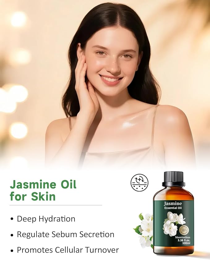 Pure Jasmine Essential Oil for Bedtime Atmosphere, Evening Relaxation & Pillow Mist, Mumianhua Natural Floral Bliss for Diffuser, Skin, Hair Care, Calming Blends, Perfume, Candle Making 3.38 Fl Oz