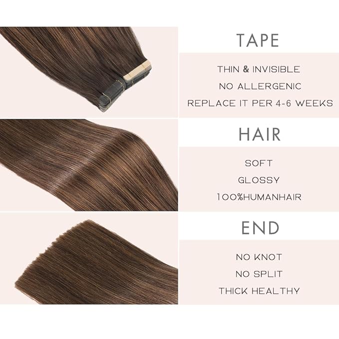 Tape in Hair Extensions Human Hair 20pcs Remy Hair Extensions 18 Inch Balayage Dark Brown Mixed Chestnut Brown Human Hair Tape in Extensions Skin Weft Tape Extensions Human Hair (2/2/6#,18 Inch)