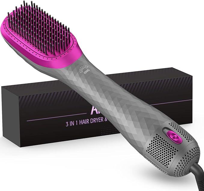 APOKE 3 in 1 Hair Dryer Brush Professional 1200W Powerful Ceramic Tourmaline 3 Heat/2 Speed Settings One Step Hair Dryer and Styler (Gray)
