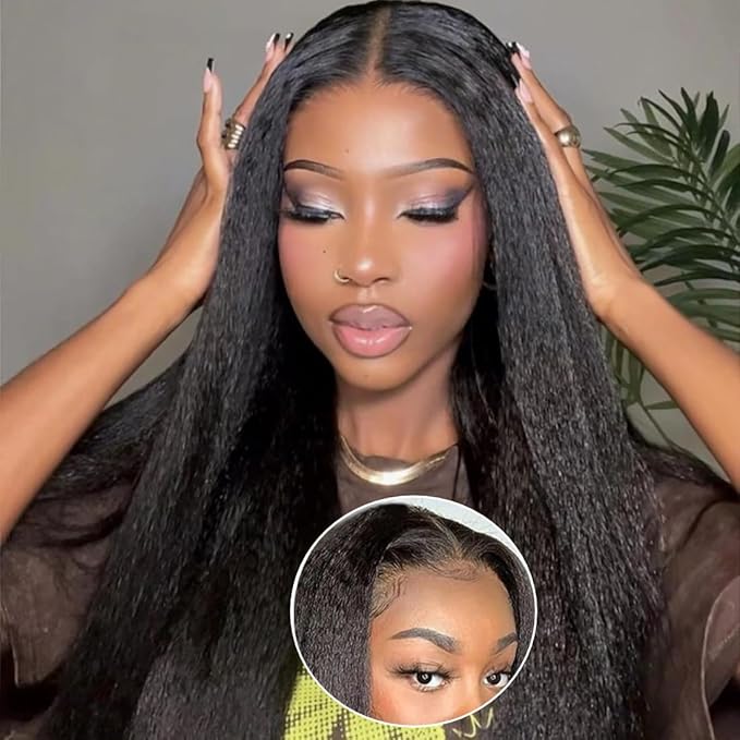 YIROO V Part Wig Yaki Straight Human Hair Wigs for Black Women Upgrade Upart Wig No Leave Out 12A Glueless Kinky Straight V Shape Clip in Half Wig No Glue No Sew Beginner Friendly 180% Density 16 Inch