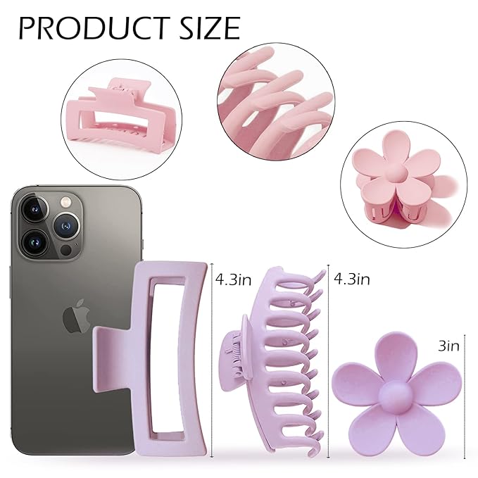 Large Hair Claw Clips 12 Pack, Flower Hair Clips for Thin Hair, Big Square Matte Strong hold for Thick Hair, 3 Styles Hair Clips for Women Thick Hair