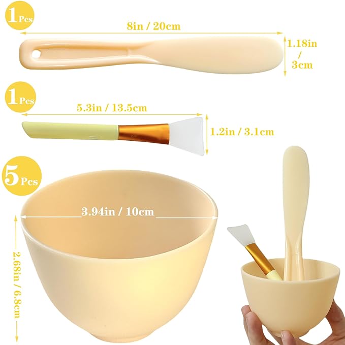 7Pcs Silicone Facial Mask Bowl DIY Face Mask Mixing Bowl for Home Salon Spa Face Skin Applicator, Yellow