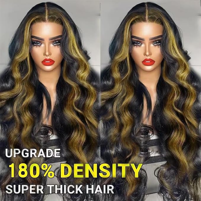 Ombre Highlight Lace Front Wig Human Hair Pre Plucked 200 Density HD Transparent 13x6 Body Wave Lace Frontal Human Hair Wigs for Women 28inch