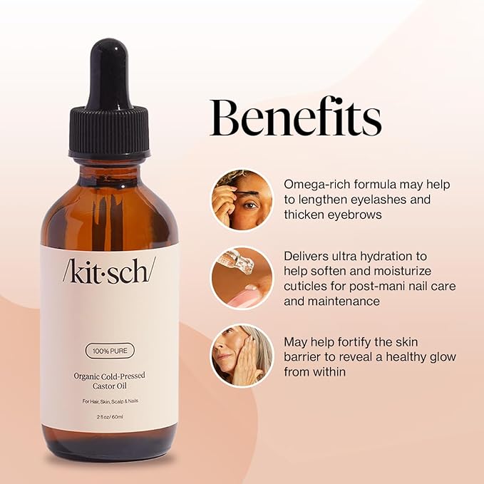 Kitsch Organic Castor Oil for Hair Growth - 100% Pure Castor Oil, Organic Cold Pressed Unrefined Glass Bottle for Face, Skin, Lashes, Brows, Scalp, Nails & Belly Button - Hexane Free, USDA - 2 oz