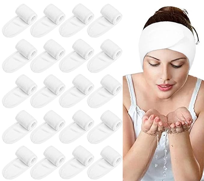 20PCS Facial Spa Headband Head Wrap Terry Cloth Headband for Washing Face Makeup Adjustable Stretch Towel with Magic Tape