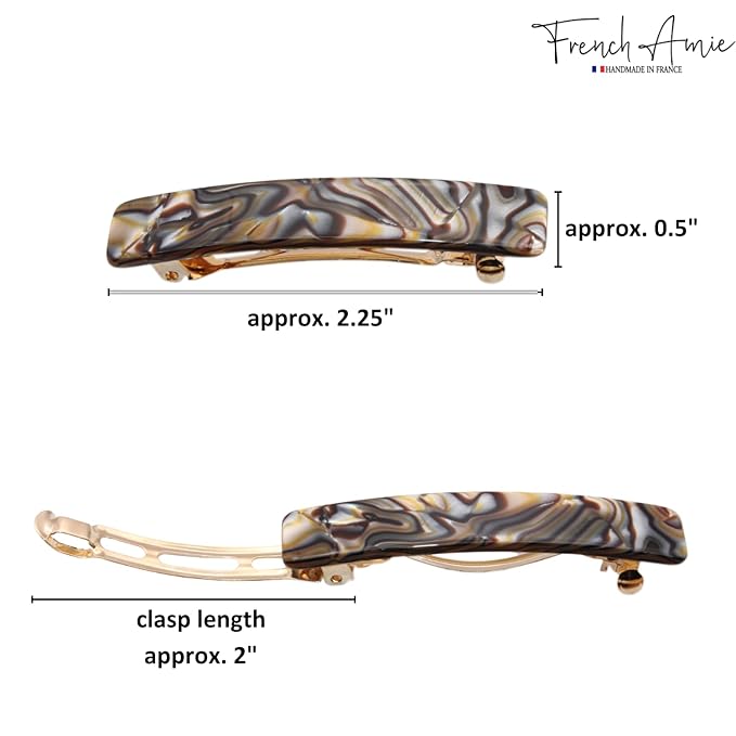 French Amie Small 2 1/4 inch Celluloid Handmade Hair Barrette No Slip Grip Durable Styling Women Hair Accessories Hair Clip for Girls, Made in France(Onyx Silver Grey)
