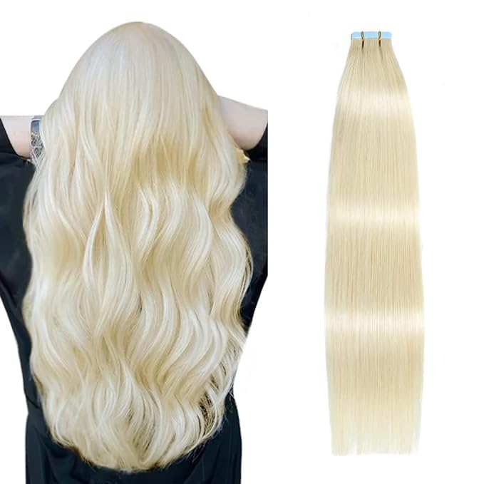 SUYYA Tape in Hair Extensions Human Hair Platinum Blonde 14 Inch 40g/pack 20pcs Straight Seamless Skin Weft Tape in Real Human Hair Extensions(14inch #60)