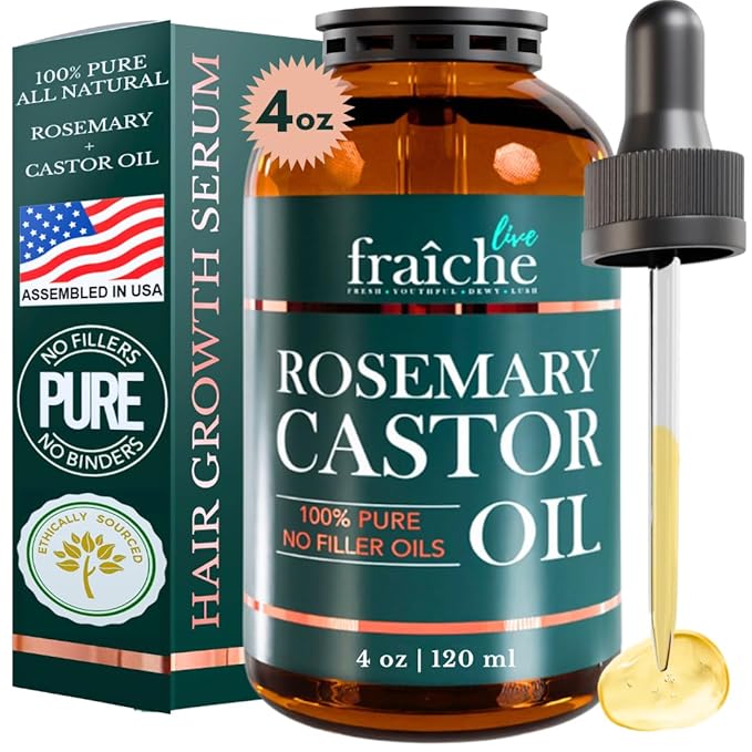 Live Fraiche Rosemary Castor Oil for Hair Growth 4 Ounce - Cold Pressed Castor Oil and Rosemary Oil for Damaged Hair to Reduce Hair Loss