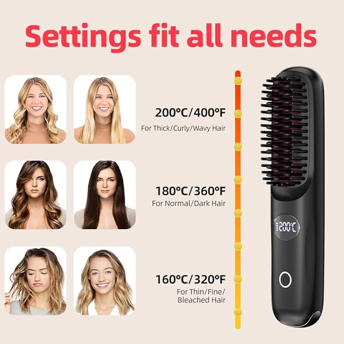 Cordless Hair Straightener Brush: Portable Rechargeable Heated Straightening Comb with LED Display & 3 Temperature Settings - Travel Hair Brush for Smooth Frizz-Free Styling (White)