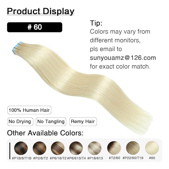 SUYYA Tape in Hair Extensions Human Hair Platinum Blonde 14 Inch 40g/pack 20pcs Straight Seamless Skin Weft Tape in Real Human Hair Extensions(14inch #60)