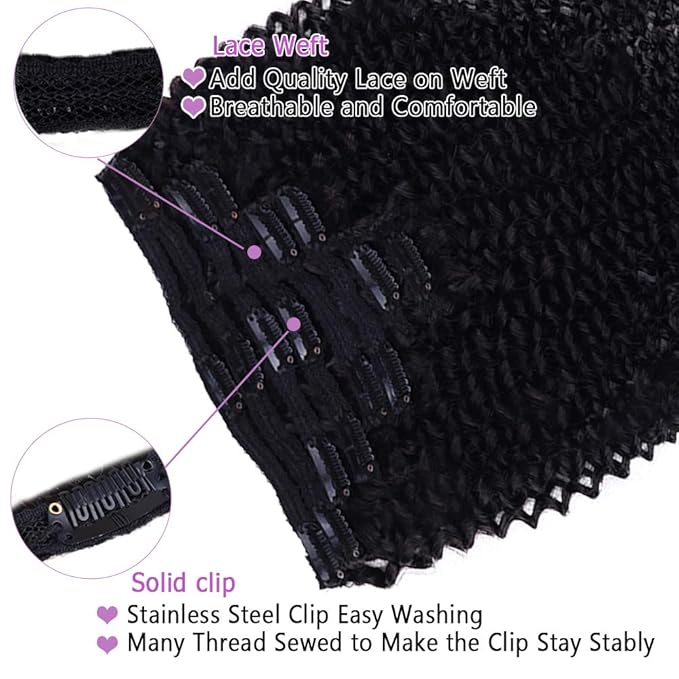 Curly Clip in Hair Extensions For Black Women Brazilian Virgin Human Hair Clip in Extensions for Women 8Pcs Remy Hair with 18Clips 120g 24inch Natural Black
