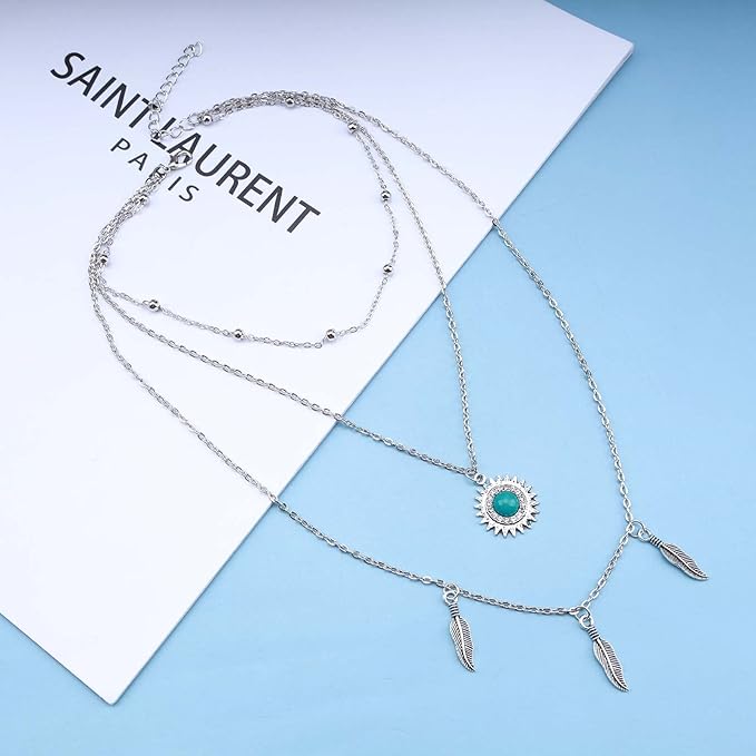 Boho Layered Feather Choker Necklace Turquoise Pendant Necklace Chain Vintage Crystal Paved Sun Necklace Silver Sunflower Necklace Jewelry for Women and Girls