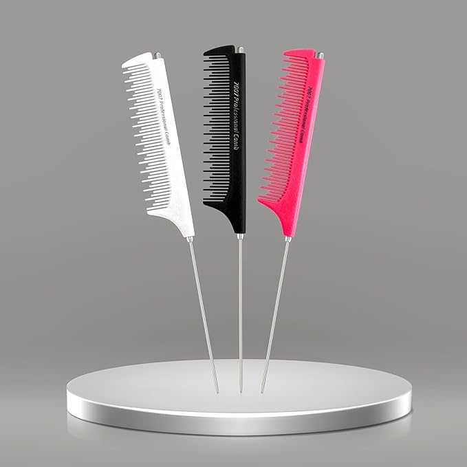 Rat Tail Combs for Parting, Protable Retractable Rat Tail Comb, Parting Combs for Hair Stylist, Fine Tooth Teasing Comb Stainless Steel Pin Tail, Easy to Carry (White)