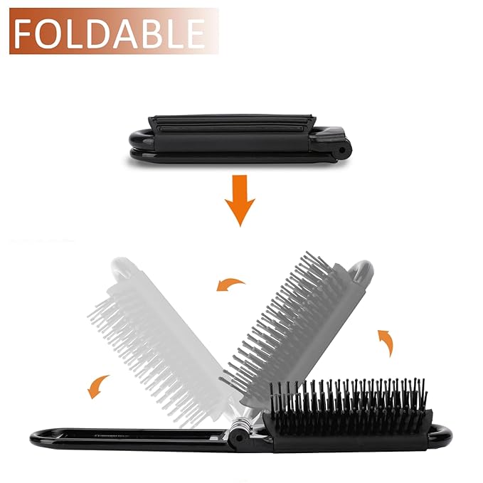 2 Pcs Foldable Hair Brush with Mirror Portable Travel Hair Brush Pocket Size Anti-static Mini Hairbrush Small Compact Massage Comb Hair Styling Tools for Women Girls Home Travel Gym Purse (Black)