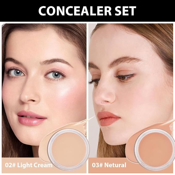 Kaely 2Pcs Pot Concealer Full Coverage Set,under Eye Brightener Concealer for Conceals Dark Circles,Waterproof Foundation Face Makeup Brush Kit,Color Correcting Concealer,02+03