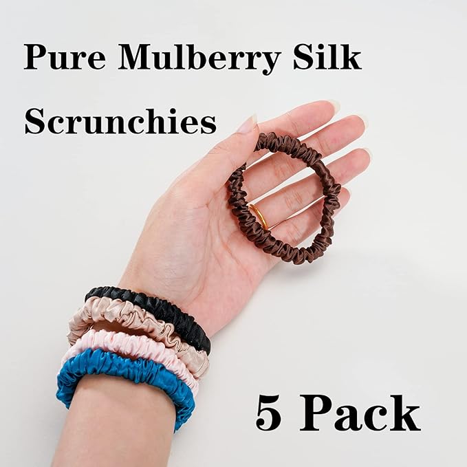 Silmer Silk Scrunchies Hair Tie 22 Momme 100% Mulberry 5 Pack(Peacock blue,Pink,Apricot, Dark coffee, Black)