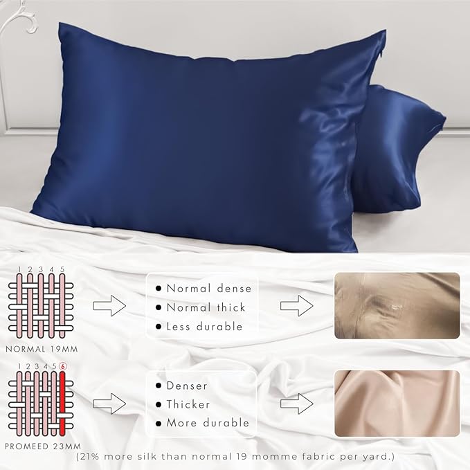 PROMEED 100% Mulberry Silk Pillowcase for Hair and Skin - Allergen Resistant Both Sides 23 Momme 1400 TC Silk Bed Pillow Cases with Hidden Zipper, 1PC (Standard 20"x26", Navy)