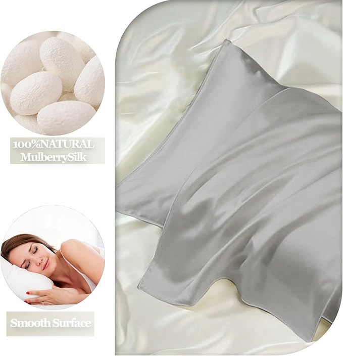 Silk Pillow Cases King - 6A Luxury 100% Mulberry Silk Pillowcase for Hair and Skin - Anti-Wrinkle, Cooling & Smooth, Hidden Zipper - Pillowcases for Sleeping Women, Silver Grey