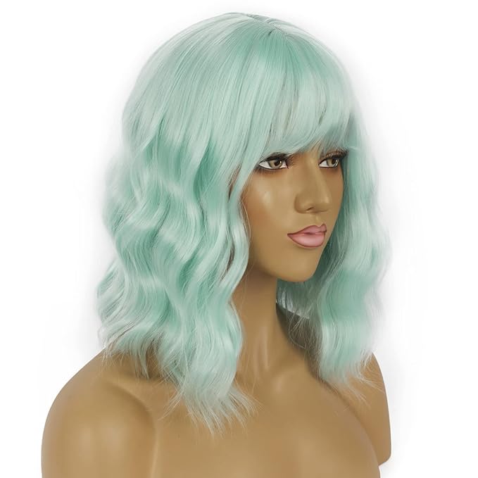Short Bob Wigs with Bangs for Women Loose Wavy Wig Curly Wavy Shoulder Length Bob Synthetic Cosplay Wig for Girl Colorful Costume Wigs (Mint Green)