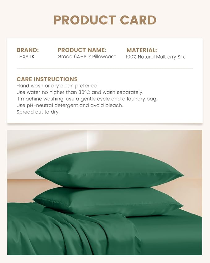 THXSILK 100% Mulberry Silk Pillowcase for Hair and Skin Heath, Best Gift Choice, Grade 6A+ Silk Both Sides, Hypoallergenic Pillow Cover with Zipper, 1pc (King 20"x36", Emerald Green)