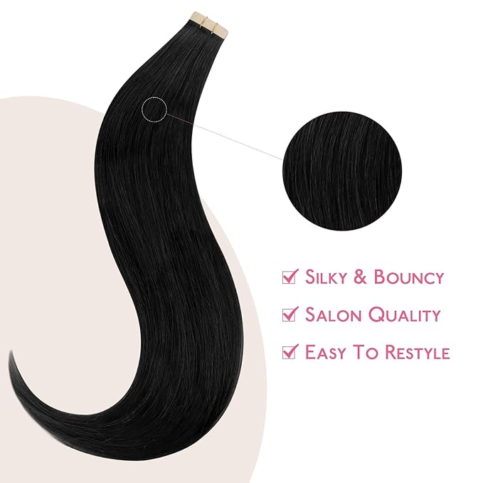 WENNALIFE Tape in Hair Extensions Human Hair Jet Black Tape in Extensions, 10pcs 25g 14 inch Remy Invisible Tape Ins Straight Colored Soft Real Human Hair Tape in Extensions Refill Set Extensions