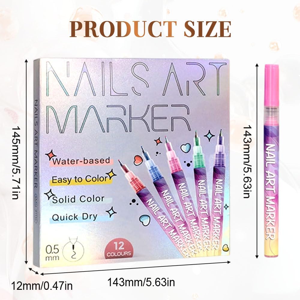 Nail Markers, 12 Colors Nail Art Pens Set Nails Art Markers Polish Pen for 3D Nail Art, Nails Arts Tools for Graffiti Dotting Drawing Painting Point Liner DIY Kit Home Nail Salon DIY (1 Set 12Color)