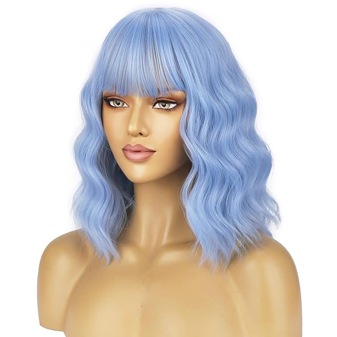 BERON 14 Inches Light Blue Wig for Women Short Curly Wig Synthetic Blue Wigs with Bangs Lake Blue Wigs with Hairnet