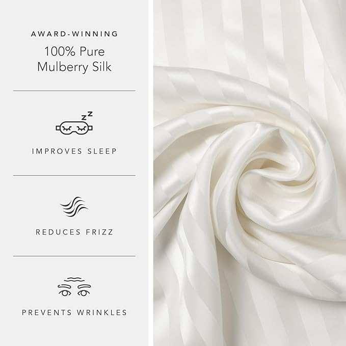 Fishers Finery 25mm 100% Pure Mulberry Silk Pillowcase 2 Pack (White Stripe Standard 2 Pack)