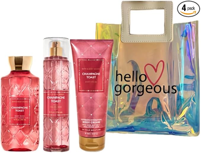 Bath & Body Works - 3 Piece Bundle - Spray - Body Cream - Shower Gel - Full Size and Gift Bag HELLO GORGEOUS (Champagne Toast)