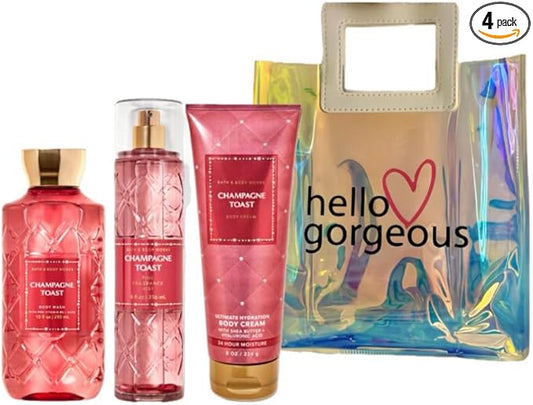 Bath & Body Works - 3 Piece Bundle - Spray - Body Cream - Shower Gel - Full Size and Gift Bag HELLO GORGEOUS (Champagne Toast)