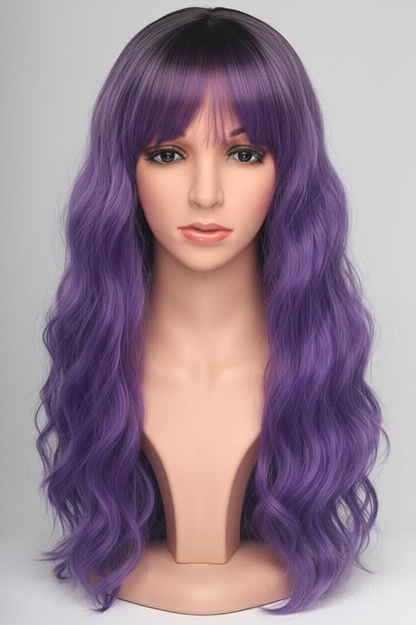 Purple Hair Wavy Wigs With Bangs For Women Synthetic Purple Wigs For Daily Use Everyday Wear.