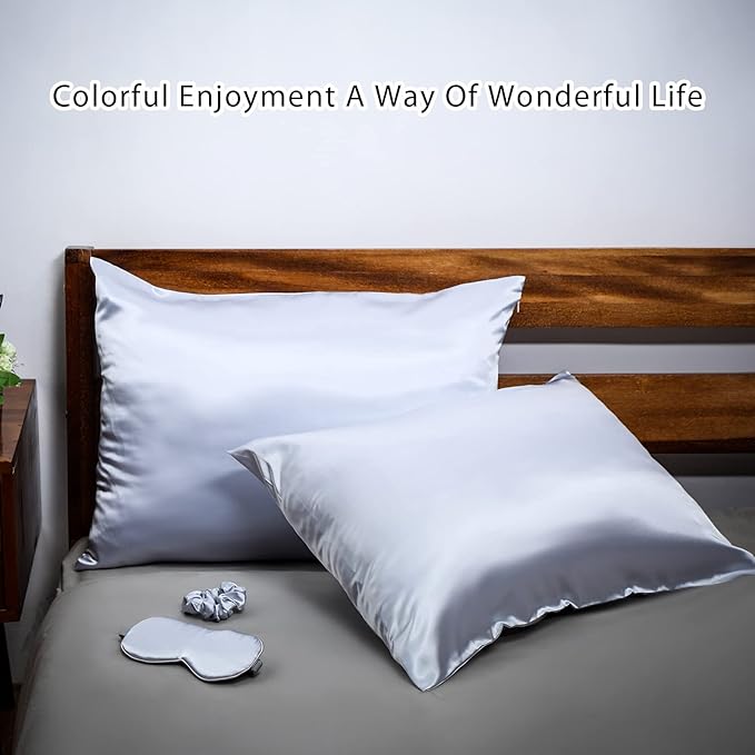 2 Pack Satin Pillowcase with Latent Zipper, Adjustable Satin Eye Mask for Sleeping and Satin Volume Scrunchie for Hair and Skin, Standard Size (Silver,Classic Style)