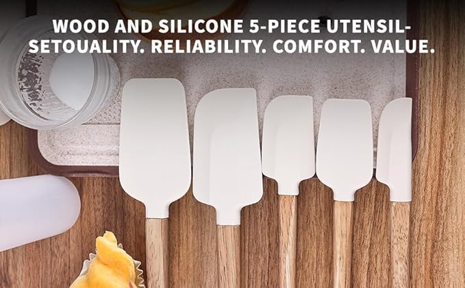 Ptanexx Wooden Handle Silicone Spatula Set 5 Piece, Batter Mixing Spatula, Spatula for Cooking, Jars, Baking, Mixing, Frosting