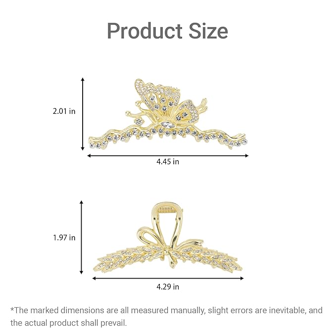 2PCS Gold Butterfly Rhinestone Claw Clips, Bling Butterfly Hair Clips for Women, Large Metal Hair Clips for Thick Hair & Styling