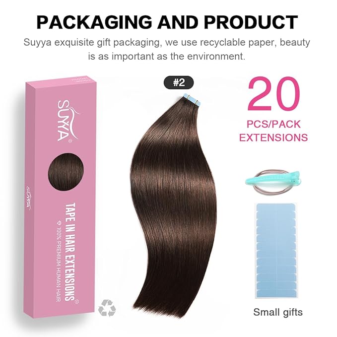 SUYYA Tape in Hair Extensions Human Hair 14 inches Darkest Brown 40g/pack 20pcs Straight Seamless Skin Weft Tape in Human Hair Extensions(14 inches #2 Darkest Brown)