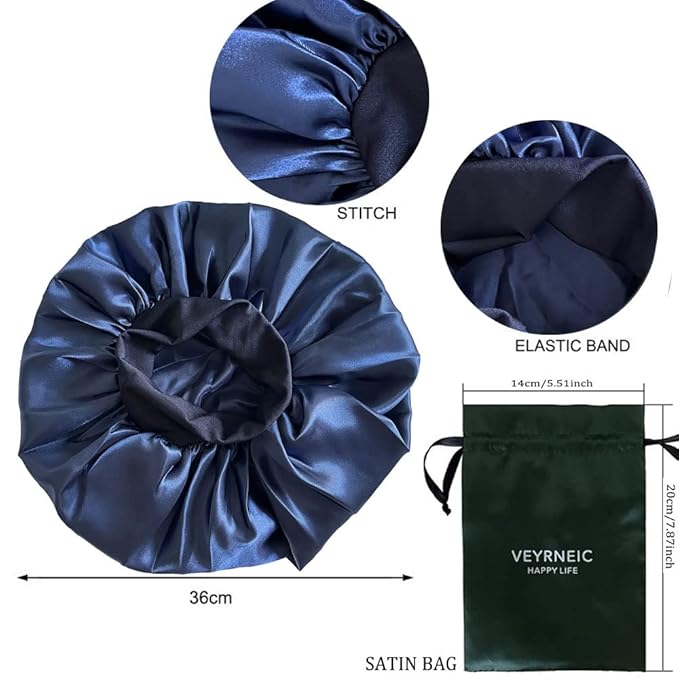 VEYRNEIC Hair Satin Bonnet for Sleeping Shower Caps Silk Chemo Caps with Wide Elastic Band Night Sleep Cap Bonnets for Black Women Braids with Satin Storage Bag(Navy Blue)