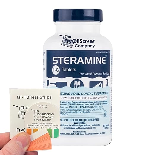 Steramine Quat Test Strips for Food Service by FryOilSaver Co., 32x Litmus Paper Strip & 30x QT-10 Test Strips Measures 0-400 PPM, Color Chart for Testing Steramine Quaternary Tab Sanitizing Solutions