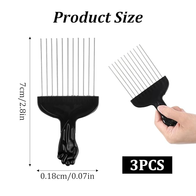 3pcs Hair Pick for Curly Hair, Stainless Steel Wide Tooth Detangling Comb Metal Afro Pick Comb with PP Handle for Curly Haircomb, Braids, Wigs Black