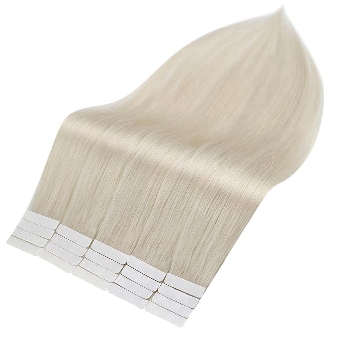 Full Shine Color 1000 White Blonde Tape in Hair Extensions Tape in Extensions 12 Inch 20 Pcs 30 Grams Seamless Skin Weft Remy Human Hair for Women Add Volume Straight Remy Hair Extensions