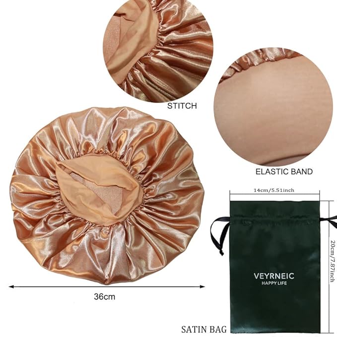 VEYRNEIC Hair Satin Bonnet for Sleeping Shower Caps Silk Chemo Caps with Wide Elastic Band Night Sleep Cap Bonnets for Black Women Braids with Satin Storage Bag (Gold)