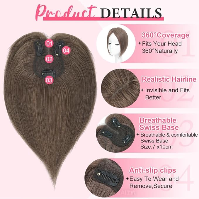 Hair Toppers for Women Real Human Hair Topper for Women with No Bangs Hairpieces Comfortable and Breathable 10 Inch Swiss Base 3D 360°Cover (Medium Auburn Brown, 10 Inch-3D-Side)