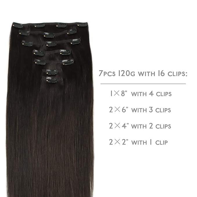 WENNALIFE Clip in Hair Extensions Real Human Hair, 14 Inch 110g 7pcs Remy Hair, Dark Brown Straight Natural Extensiones De Cabello Humano Con Clip Ins