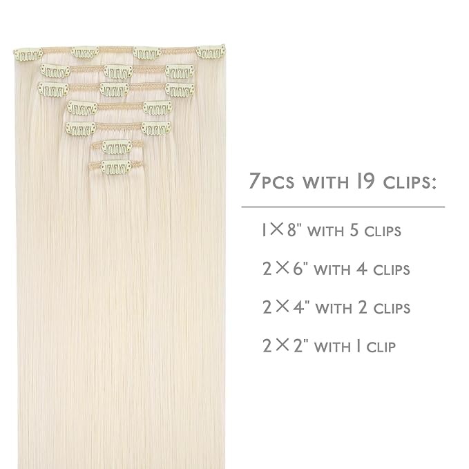 WENNALIFE 24 Inch Clip in Hair Extensions - 120g 7pcs Real Human Hair, White Blonde Remy Double Weft