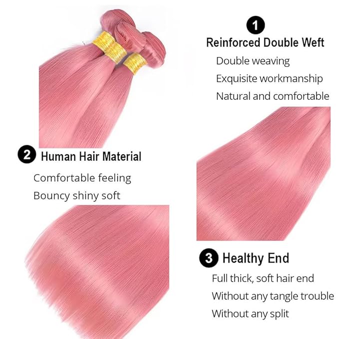 Pink Bundles Human Hair Pink Straight Bundles 22 24 26 Inch Niegmeag Peruvian Virgin Remy Hair Extensions Double Weft Soft and Skily Pink Bundle