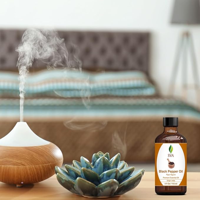 SVA Black Pepper Essential Oil – 4 Fl Oz – 100% Natural Black Pepper Oil - for Diffuser, Hair Care, Face, Skin Care, Aromatherapy, Scalp and Body Massage, Soap and Candle Making – with Dropper
